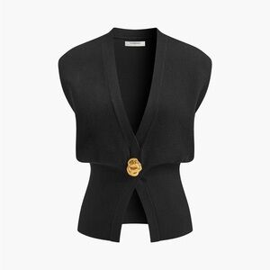 Commense Black Knit Vest with Gold Floral Button